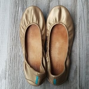 Tieks Metallic Gold Leather Ballet Flats with Teal Heel Tab